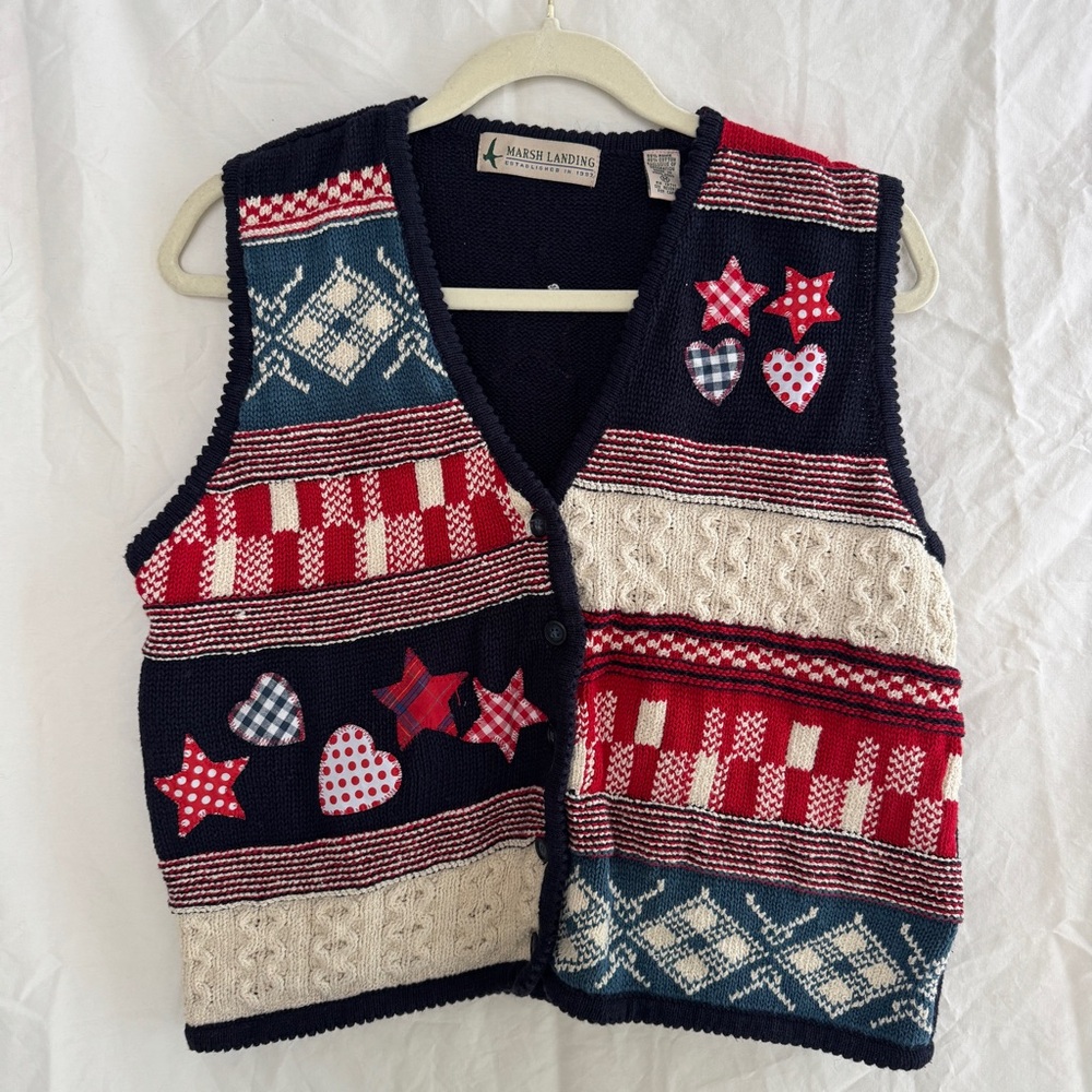 VINTAGE | 4th of july preppy stars knit patchwork sweater vest medium